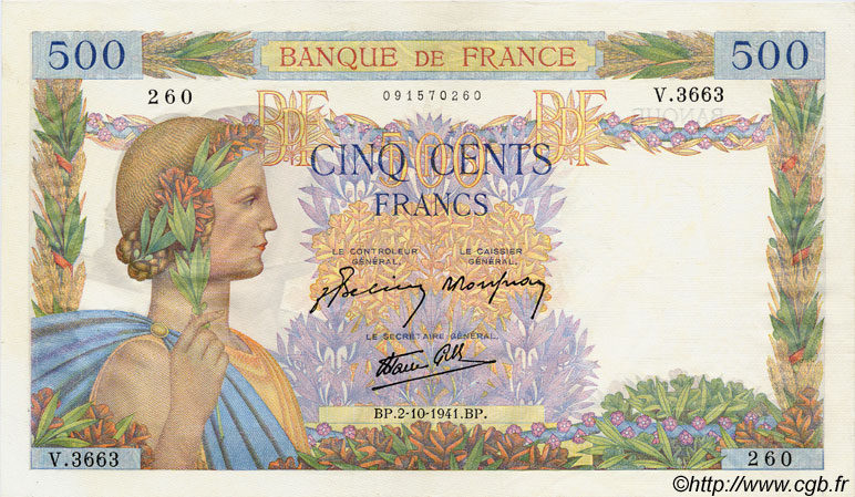 500 Francs LA PAIX FRANCIA  1941 F.32.22 SPL+