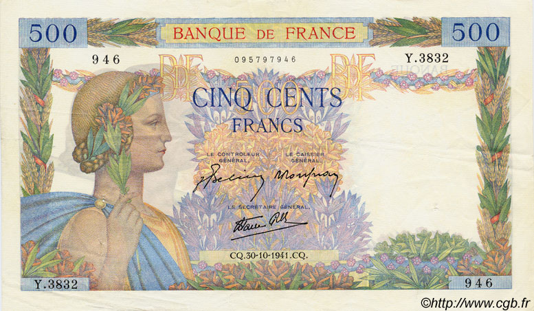 500 Francs LA PAIX FRANCIA  1941 F.32.23 MBC