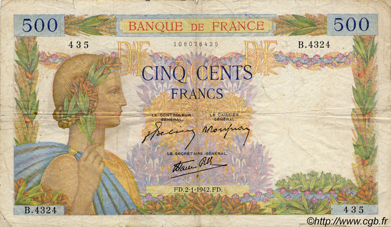 500 Francs LA PAIX FRANCE  1942 F.32.26 B+
