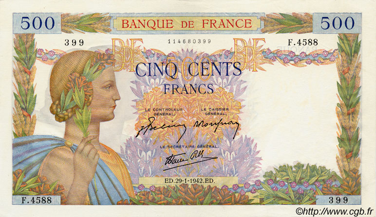500 Francs LA PAIX FRANCIA  1942 F.32.28 EBC+