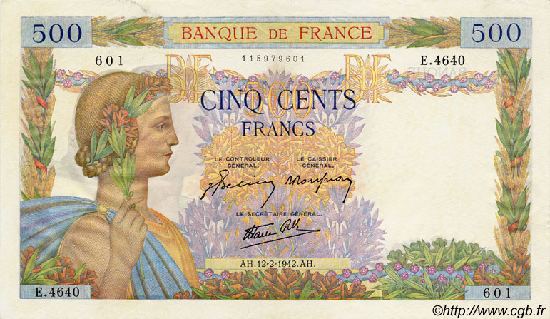 500 Francs LA PAIX FRANKREICH  1942 F.32.29 VZ+