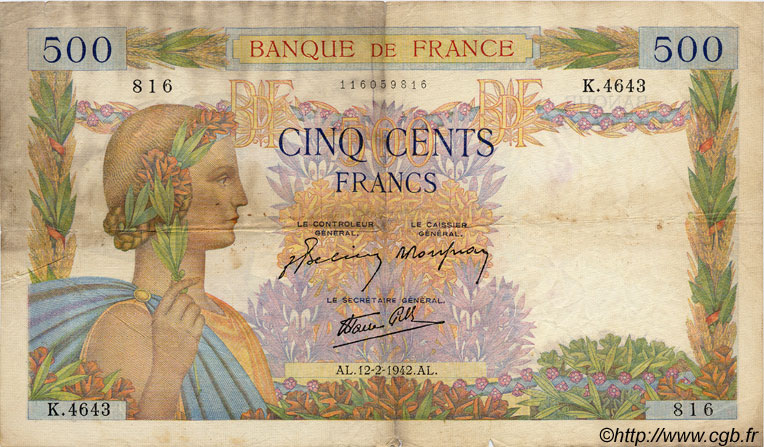 500 Francs LA PAIX FRANKREICH  1942 F.32.29 SGE
