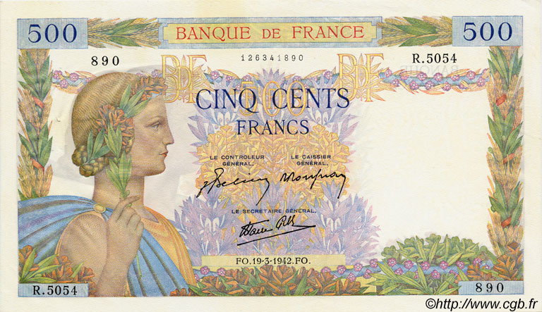 500 Francs LA PAIX FRANCIA  1942 F.32.31 AU