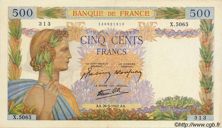 500 Francs LA PAIX FRANCIA  1942 F.32.32 MBC+
