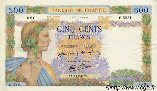 500 Francs LA PAIX FRANCE  1942 F.32.34 VF+