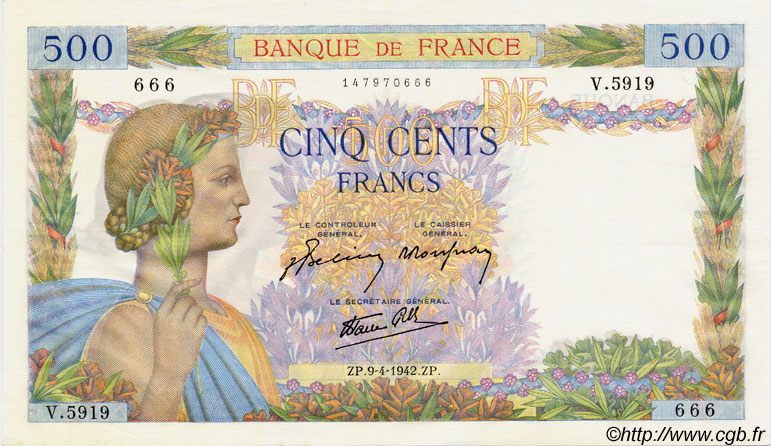 500 Francs LA PAIX FRANKREICH  1942 F.32.34 fST