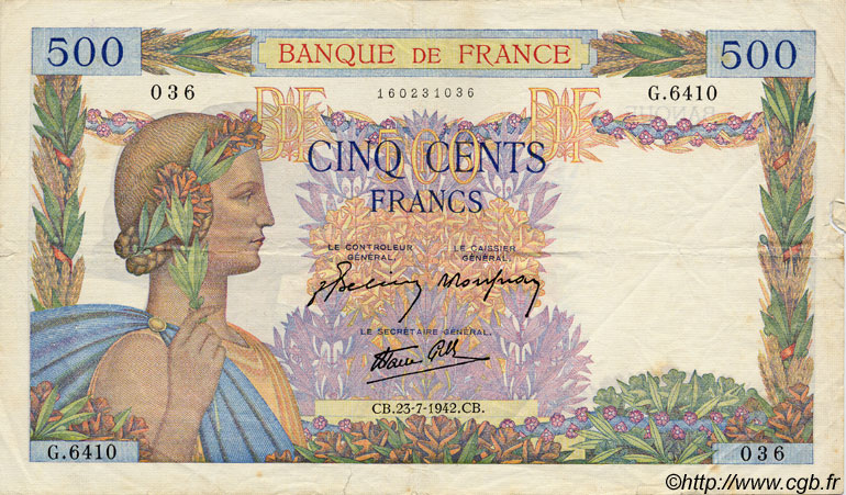 500 Francs LA PAIX FRANCE  1942 F.32.38 VF