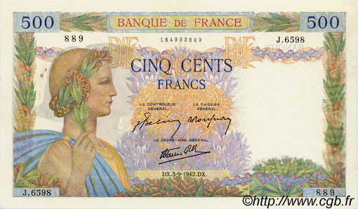 500 Francs LA PAIX FRANKREICH  1942 F.32.39 VZ