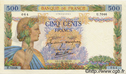 500 Francs LA PAIX FRANKREICH  1942 F.32.41 VZ+ to fST