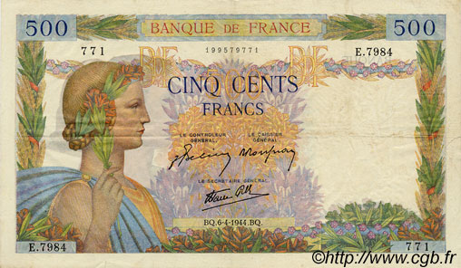 500 Francs LA PAIX FRANKREICH  1944 F.32.46 fVZ