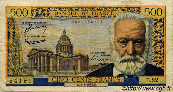 500 Francs VICTOR HUGO FRANCIA  1954 F.35.02 BC+