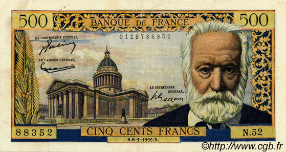 500 Francs VICTOR HUGO FRANCE  1955 F.35.04 F+