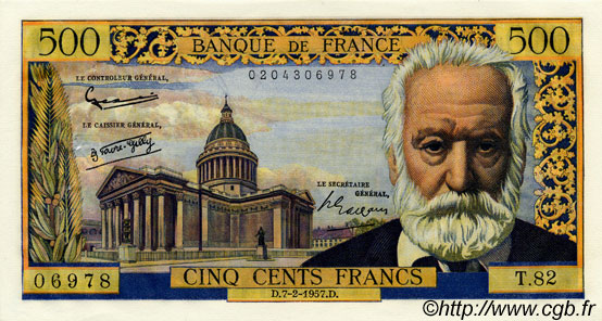 500 Francs VICTOR HUGO FRANKREICH  1957 F.35.06 VZ+