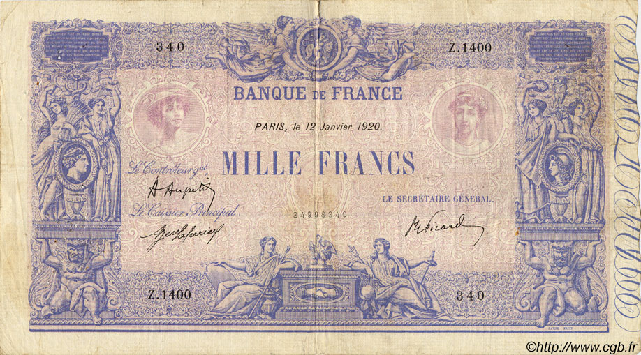 1000 Francs BLEU ET ROSE FRANCE  1920 F.36.35 F+