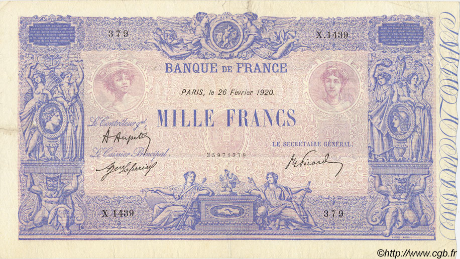 1000 Francs BLEU ET ROSE FRANCE  1920 F.36.35 F - VF