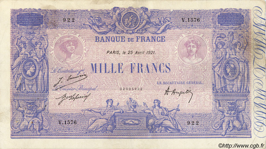 1000 Francs BLEU ET ROSE FRANCE  1921 F.36.37 F+