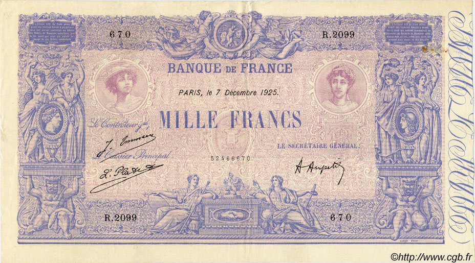 1000 Francs BLEU ET ROSE FRANKREICH  1925 F.36.41 fVZ to VZ