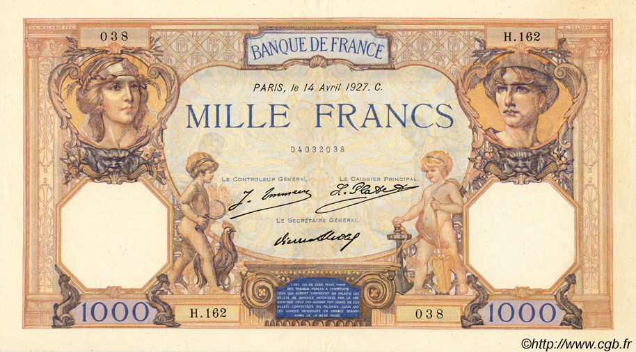 1000 Francs CÉRÈS ET MERCURE FRANCIA  1927 F.37.01 SPL+