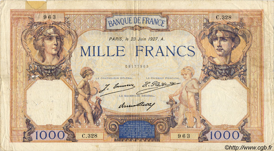 1000 Francs CÉRÈS ET MERCURE FRANCE  1927 F.37.01 F-
