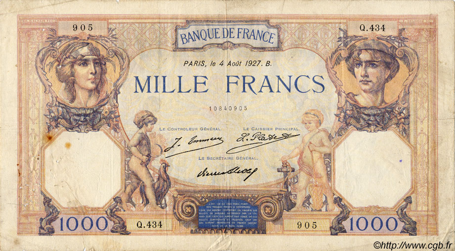 1000 Francs CÉRÈS ET MERCURE FRANCIA  1927 F.37.01 q.MB
