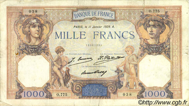 1000 Francs CÉRÈS ET MERCURE FRANKREICH  1929 F.37.03 fS