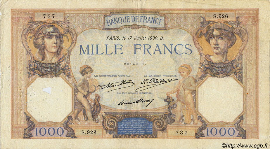 1000 Francs CÉRÈS ET MERCURE FRANCE  1930 F.37.05 B