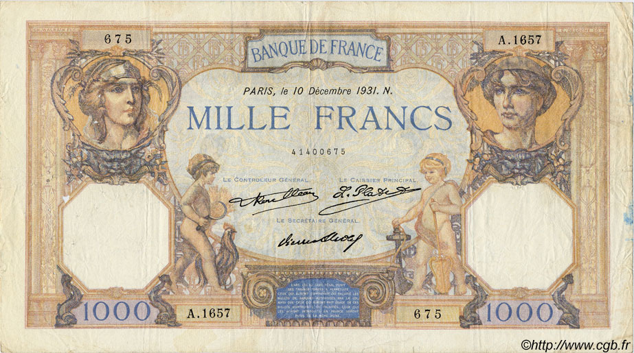 1000 Francs CÉRÈS ET MERCURE FRANCIA  1931 F.37.06 MB a BB