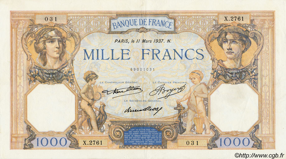 1000 Francs CÉRÈS ET MERCURE FRANCIA  1937 F.37.10 MBC a EBC
