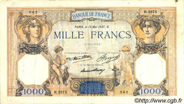 1000 Francs CÉRÈS ET MERCURE FRANKREICH  1937 F.37.10 fSS