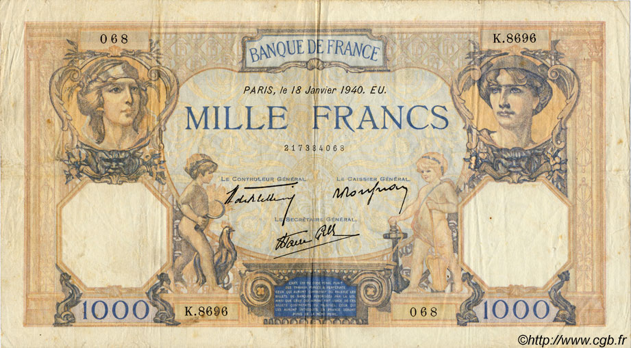 1000 Francs CÉRÈS ET MERCURE type modifié FRANCIA  1937 F.38 RC a BC