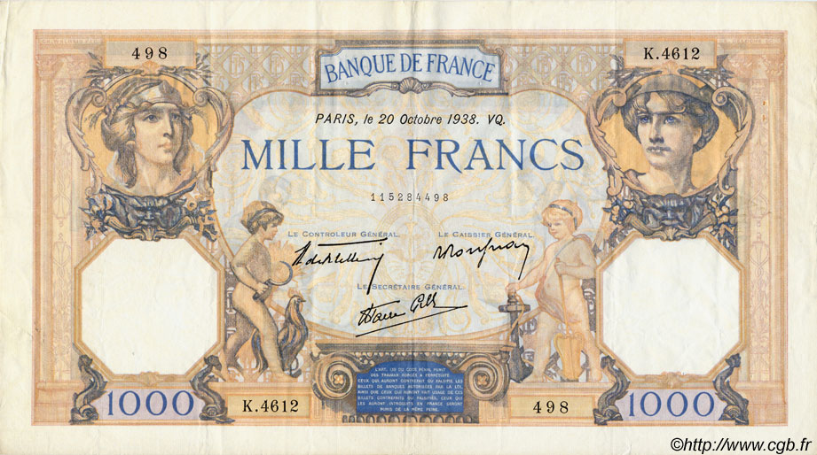 1000 Francs CÉRÈS ET MERCURE type modifié FRANCIA  1937 F.38 MBC
