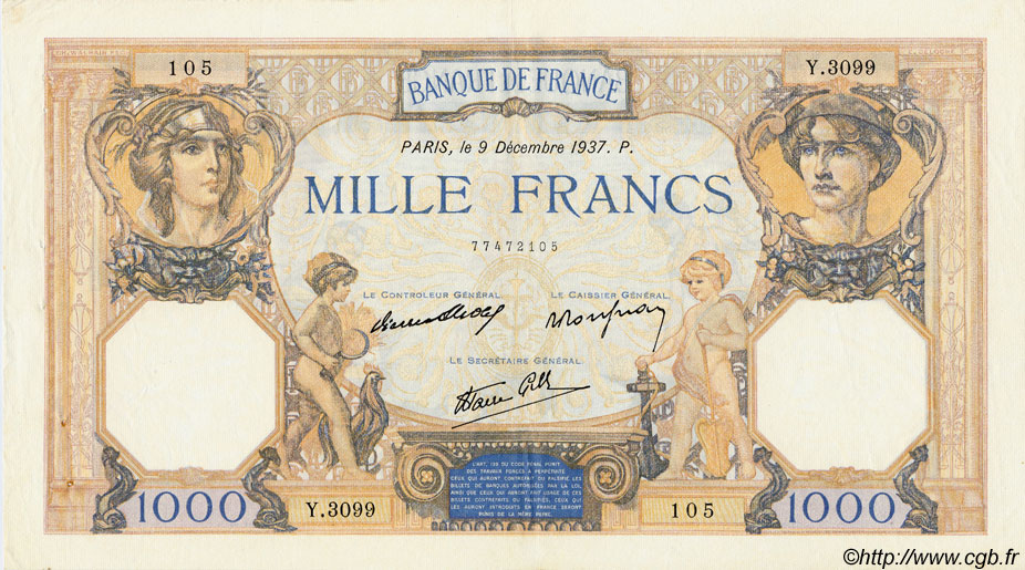 1000 Francs CÉRÈS ET MERCURE type modifié FRANCE  1937 F.38.06 XF-