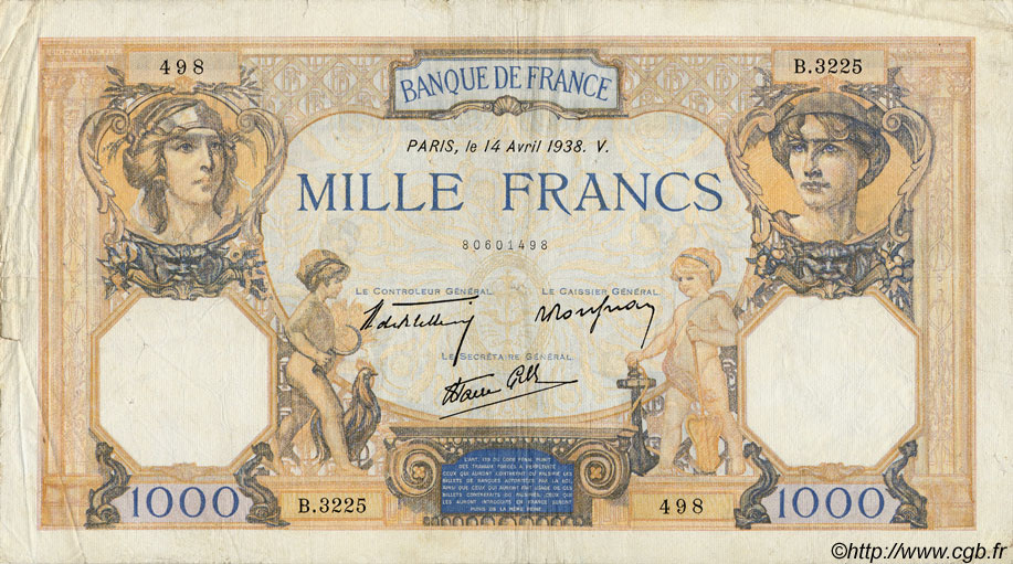 1000 Francs CÉRÈS ET MERCURE type modifié FRANCIA  1938 F.38.11 B a MB