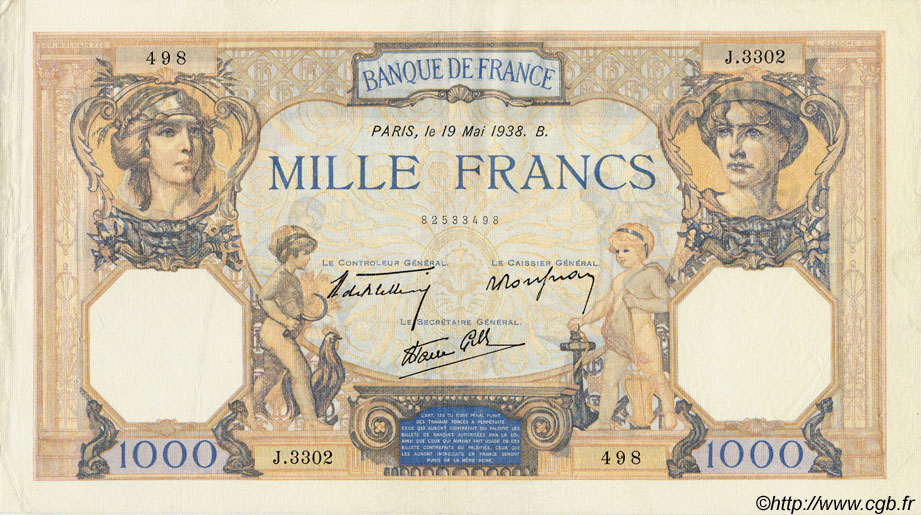 1000 Francs CÉRÈS ET MERCURE type modifié FRANKREICH  1938 F.38.15 SS