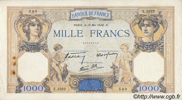 1000 Francs CÉRÈS ET MERCURE type modifié FRANKREICH  1938 F.38.15 SS