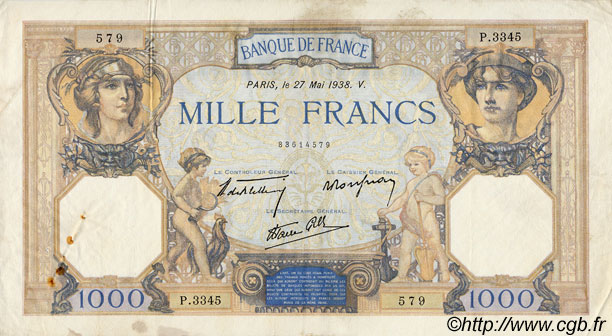 1000 Francs CÉRÈS ET MERCURE type modifié FRANCE  1938 F.38.16 VF