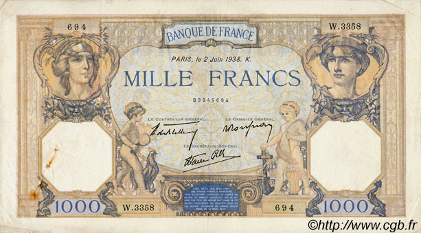 1000 Francs CÉRÈS ET MERCURE type modifié FRANCE  1938 F.38.17 VF