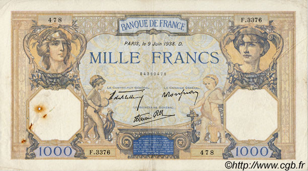 1000 Francs CÉRÈS ET MERCURE type modifié FRANCIA  1938 F.38.18 BC+