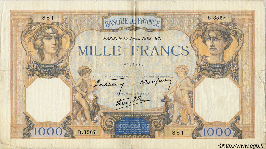 1000 Francs CÉRÈS ET MERCURE type modifié FRANKREICH  1938 F.38.23 fSS