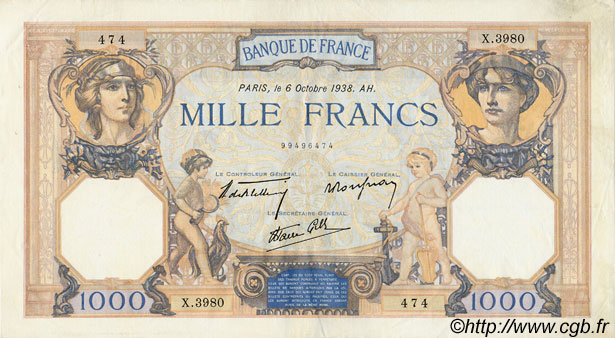 1000 Francs CÉRÈS ET MERCURE type modifié FRANCE  1938 F.38.28 XF