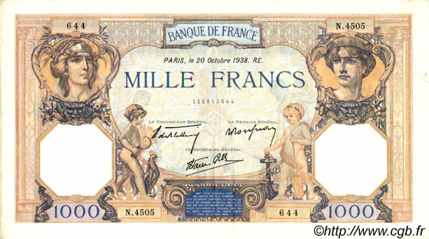 1000 Francs CÉRÈS ET MERCURE type modifié FRANCIA  1938 F.38.30 q.SPL
