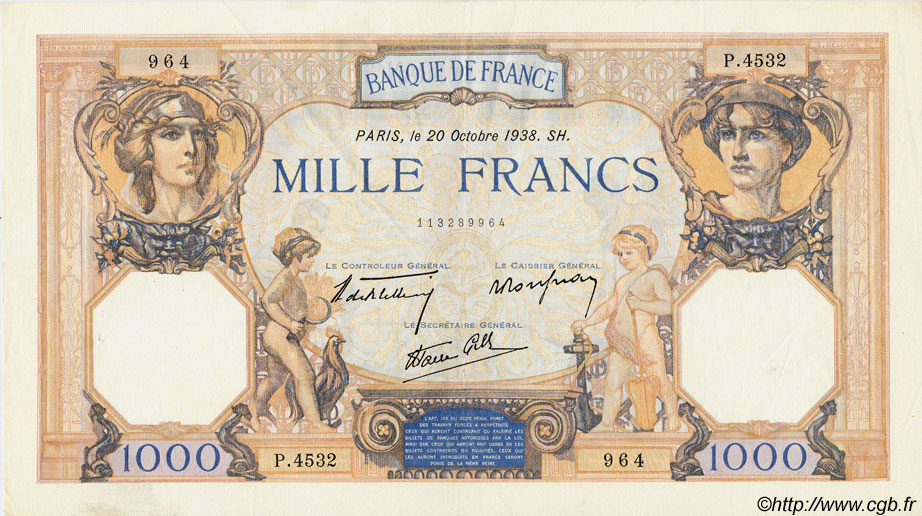 1000 Francs CÉRÈS ET MERCURE type modifié FRANCIA  1938 F.38.30 q.SPL