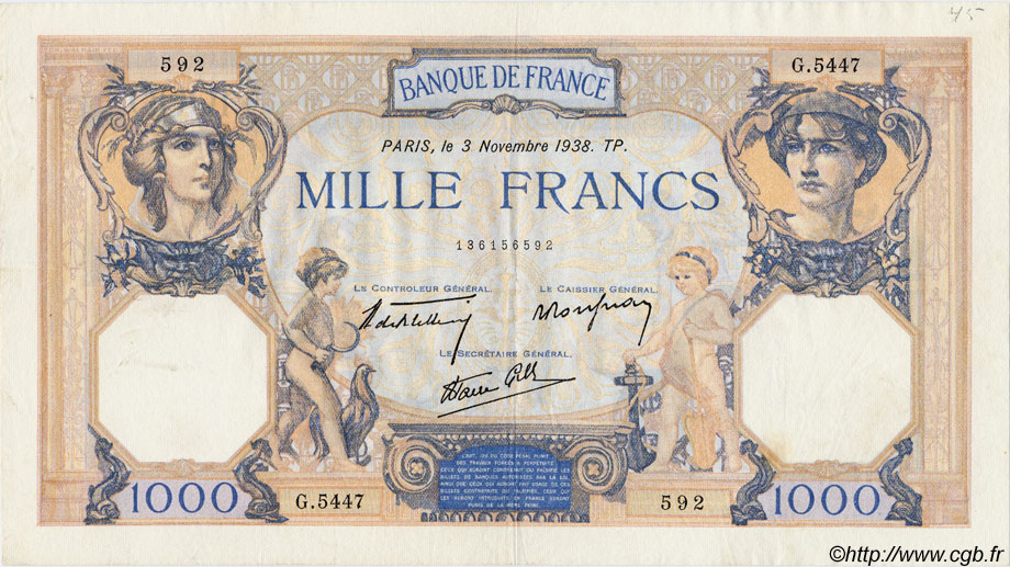 1000 Francs CÉRÈS ET MERCURE type modifié FRANCIA  1938 F.38.32 BB to SPL
