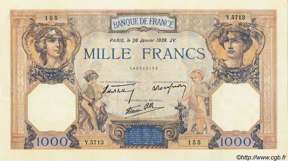 1000 Francs CÉRÈS ET MERCURE type modifié FRANCE  1939 F.38.33 AU-