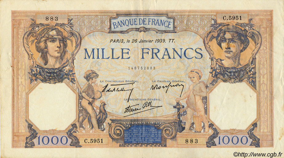 1000 Francs CÉRÈS ET MERCURE type modifié FRANCE  1939 F.38.33 VF