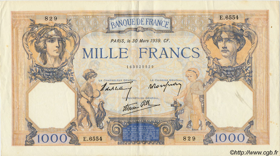 1000 Francs CÉRÈS ET MERCURE type modifié FRANKREICH  1939 F.38.35 fVZ to VZ