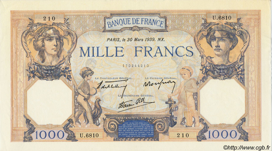 1000 Francs CÉRÈS ET MERCURE type modifié FRANCE  1939 F.38.35 XF