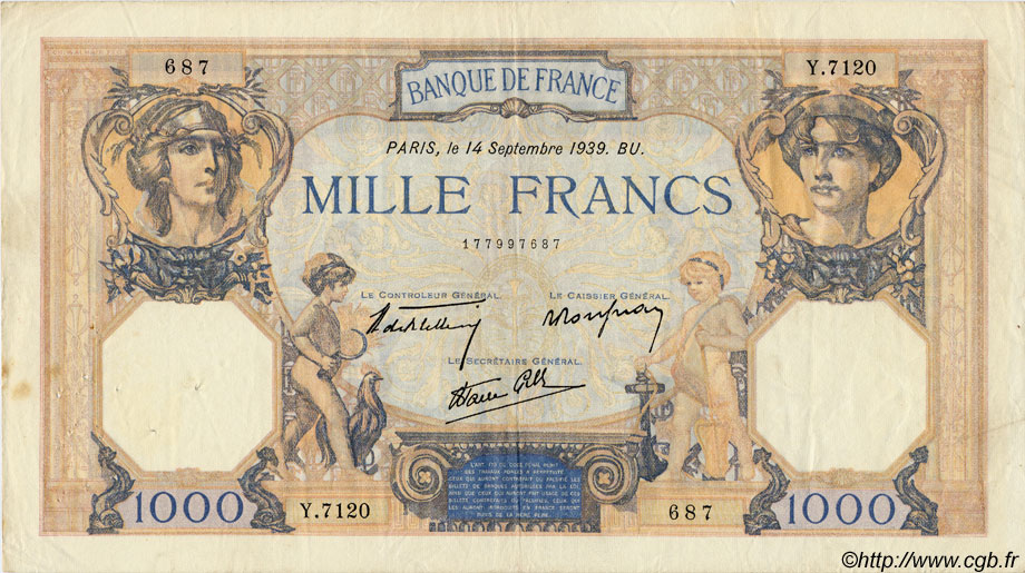 1000 Francs CÉRÈS ET MERCURE type modifié FRANCIA  1939 F.38.36 BC+