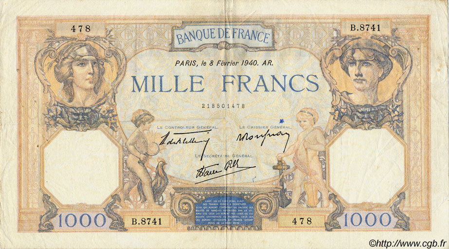1000 Francs CÉRÈS ET MERCURE type modifié FRANKREICH  1940 F.38.42 fSS to SS
