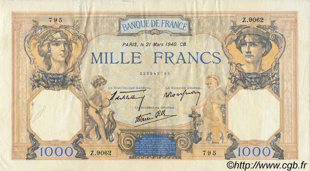 1000 Francs CÉRÈS ET MERCURE type modifié FRANKREICH  1940 F.38.44 SS